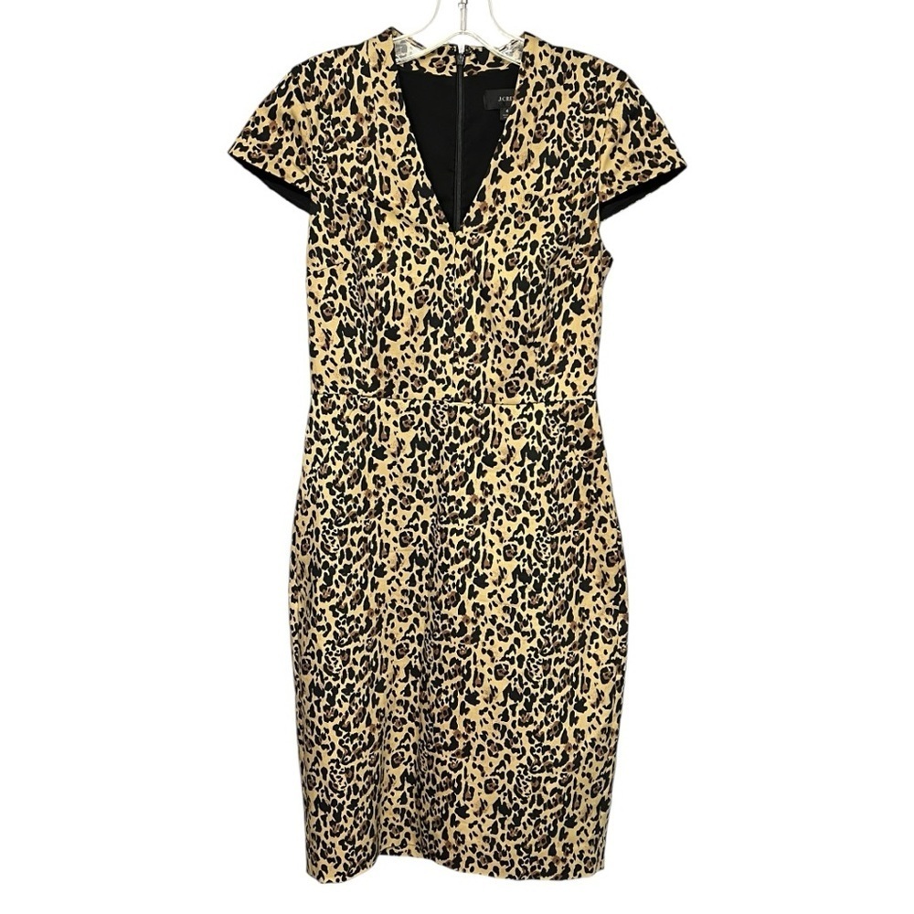 J.Crew Leopard Print V-Neck Sheath Dress, Capped Sleeves, Size 4